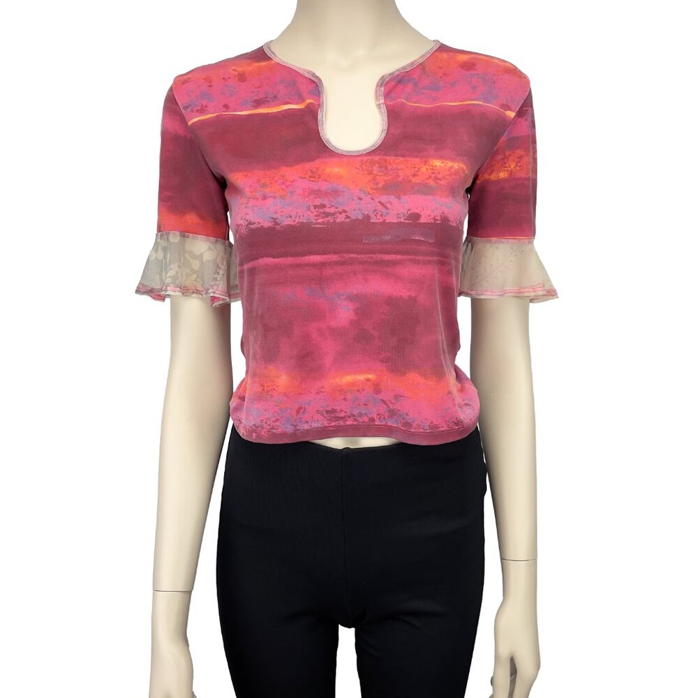 Y2K VTG Pink Baby Tee Cloud Paint Tie-dye Rainbow Flounce Mesh Floral Short S